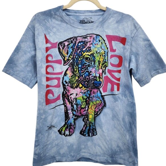 The Mountain Child XL T-Shirt Puppy Love Graphic Blue Tie Dye Multicolor Top - Picture 3 of 7